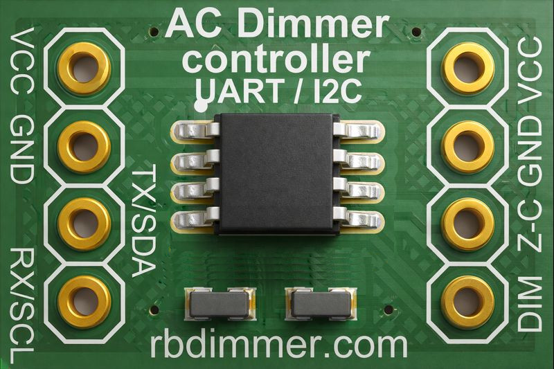 DimmerLink AC dimmer controller — compact 18×12mm PCB with UART and I2C interfaces